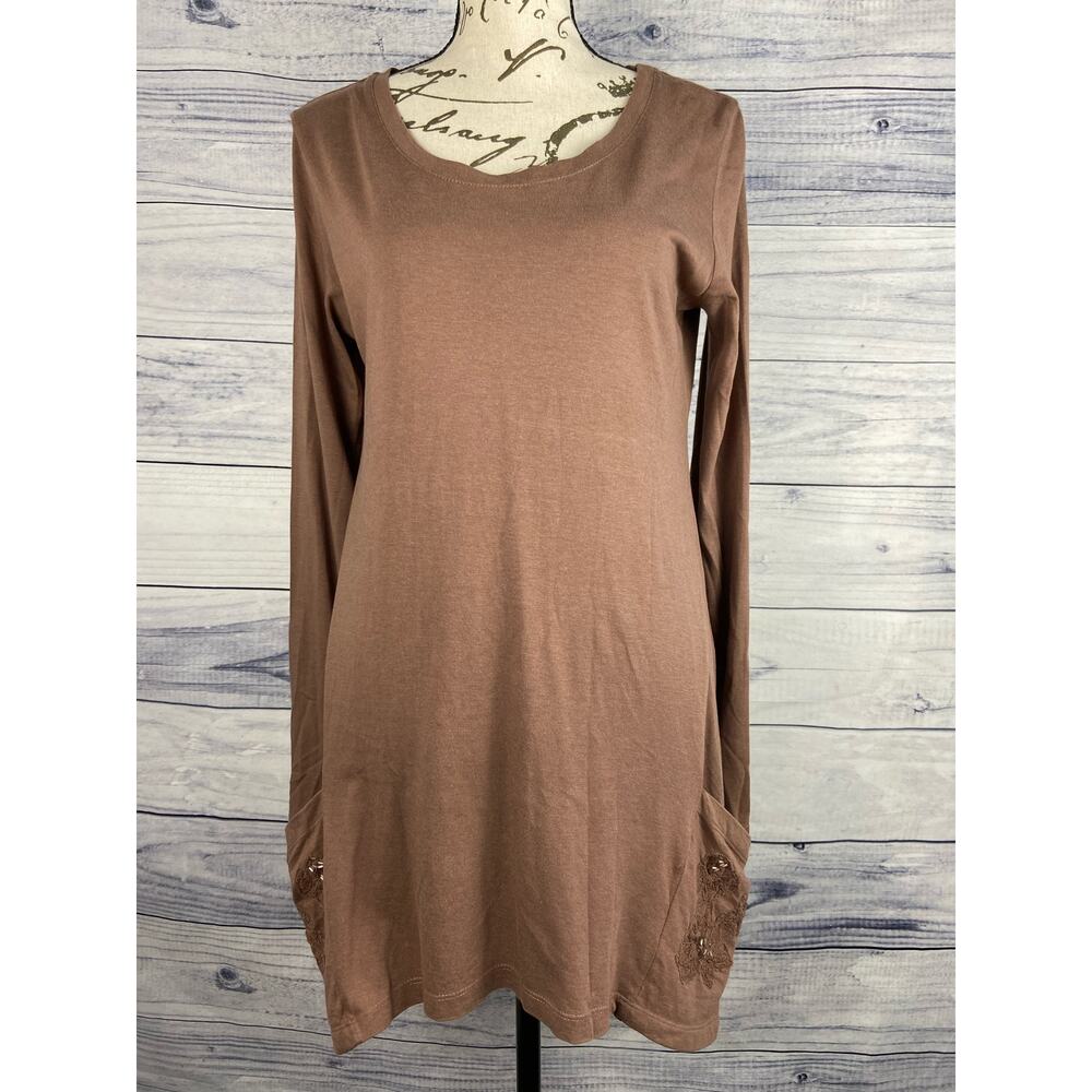 LOGO Lori Goldstein Tunic Top Women XS Scoop Neck Brown Hip Embroidered Pockets